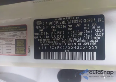 2017 Kia Sorento 3.3L Sx z USA, uszkodzony, nr VIN 5XYPKDA55HG254559